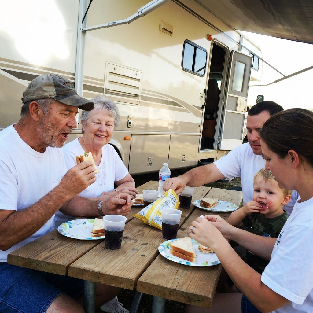 Three generations sharing lunch at a picnic table beside their motorhome