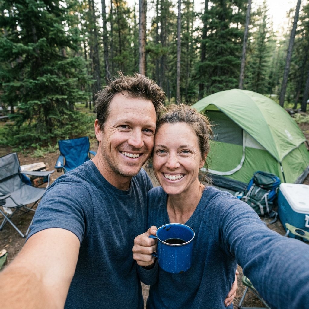 Couple sharing coffee outside their tent in the pines