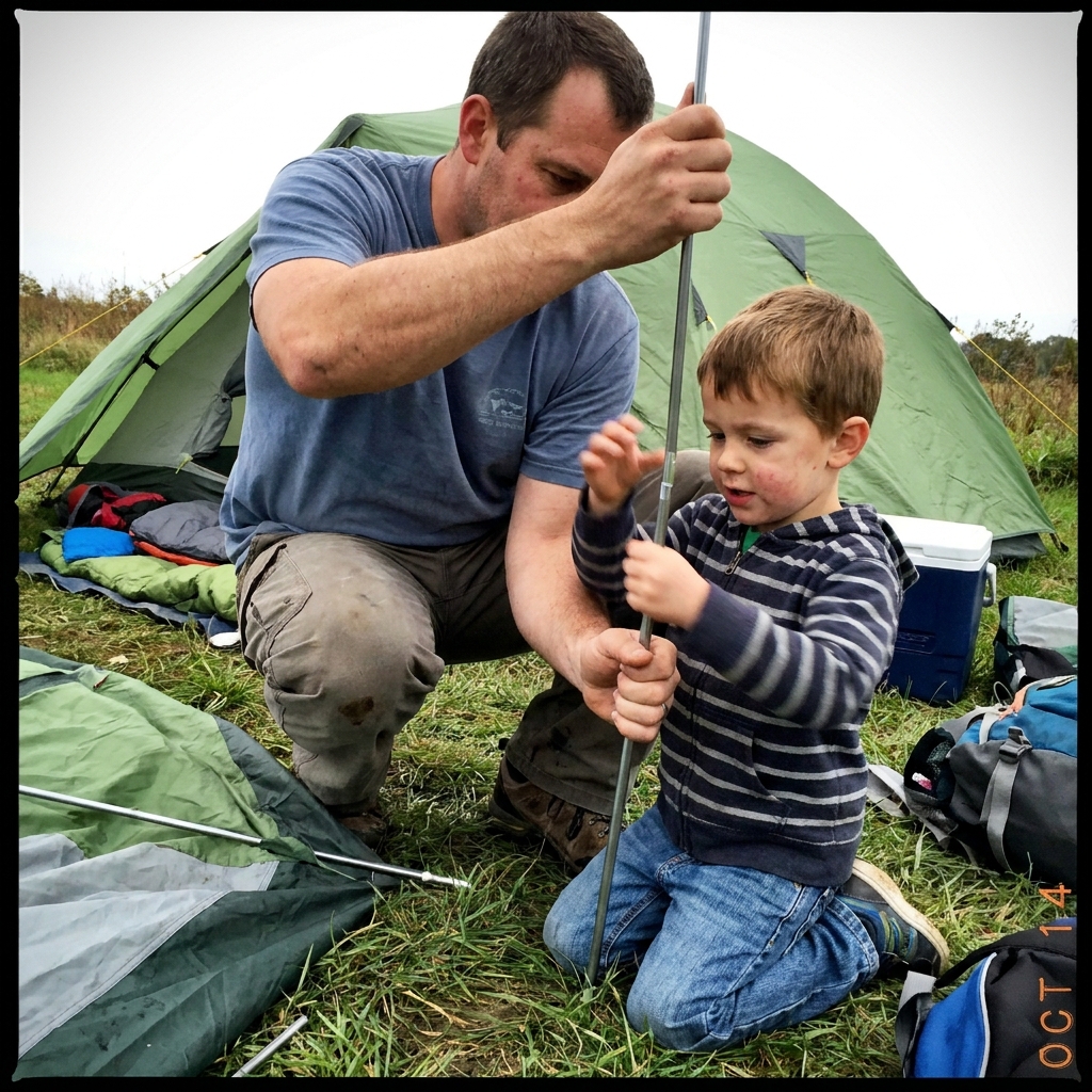 Dad and son setting up a tent together