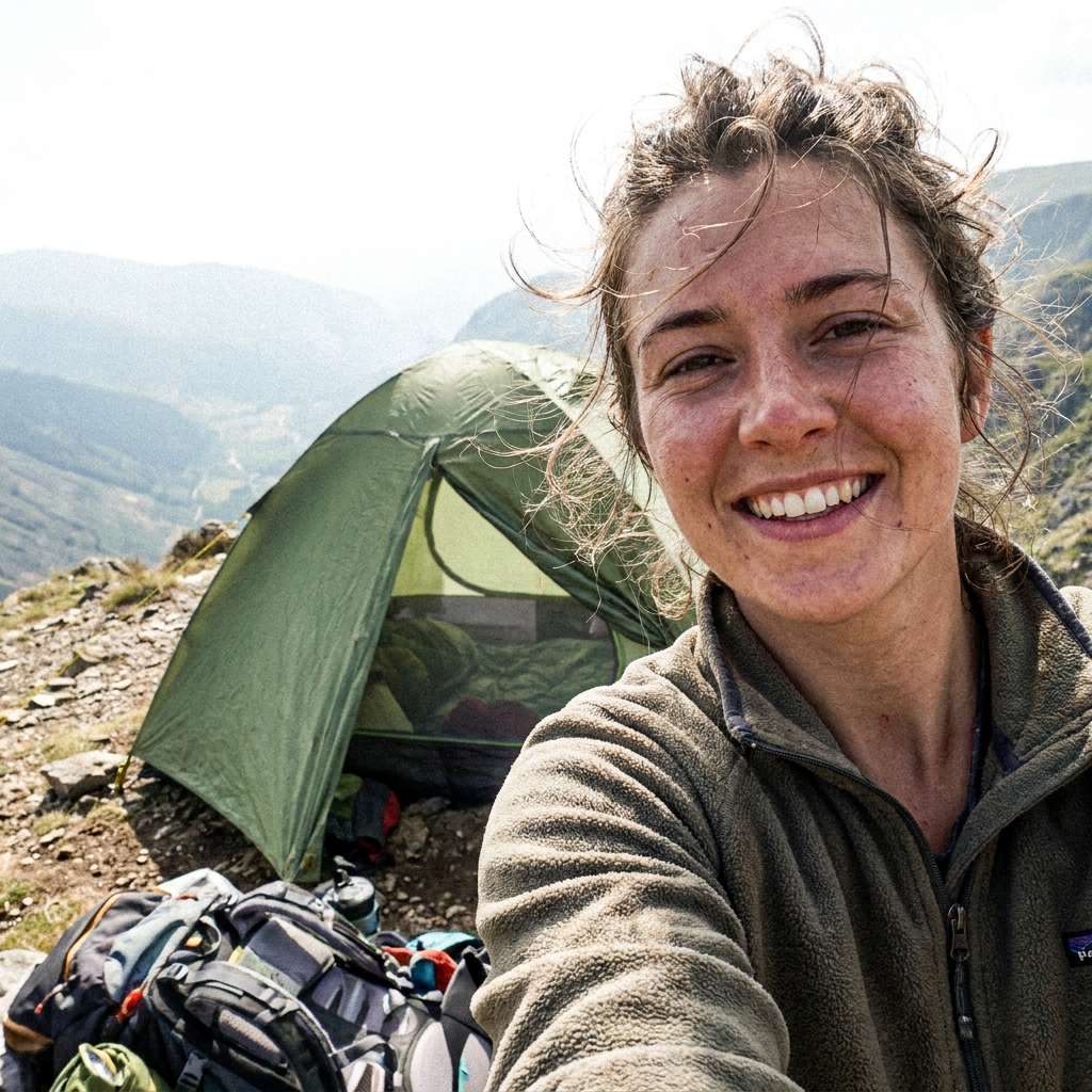 Solo backpacker smiling beside her tent on a ridge