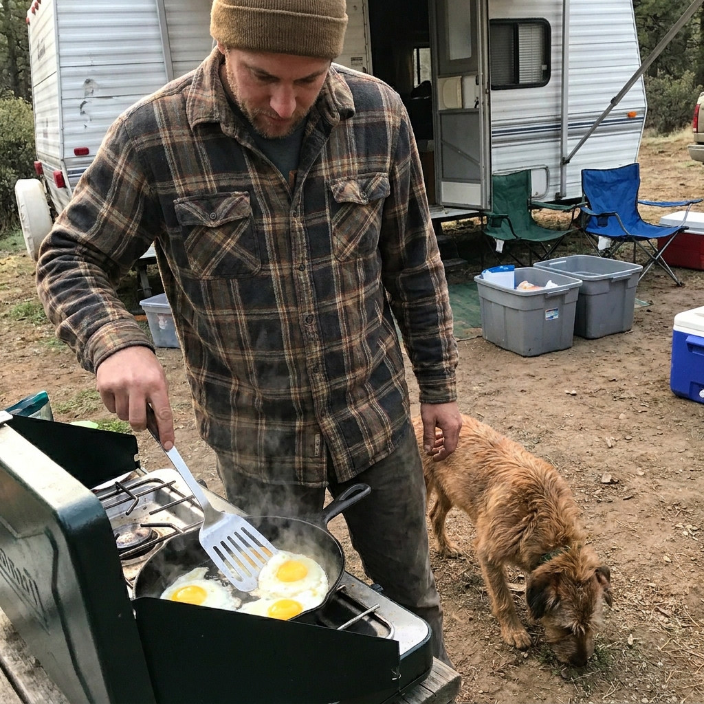 Camper frying eggs on a camp stove outside a travel trailer with his dog