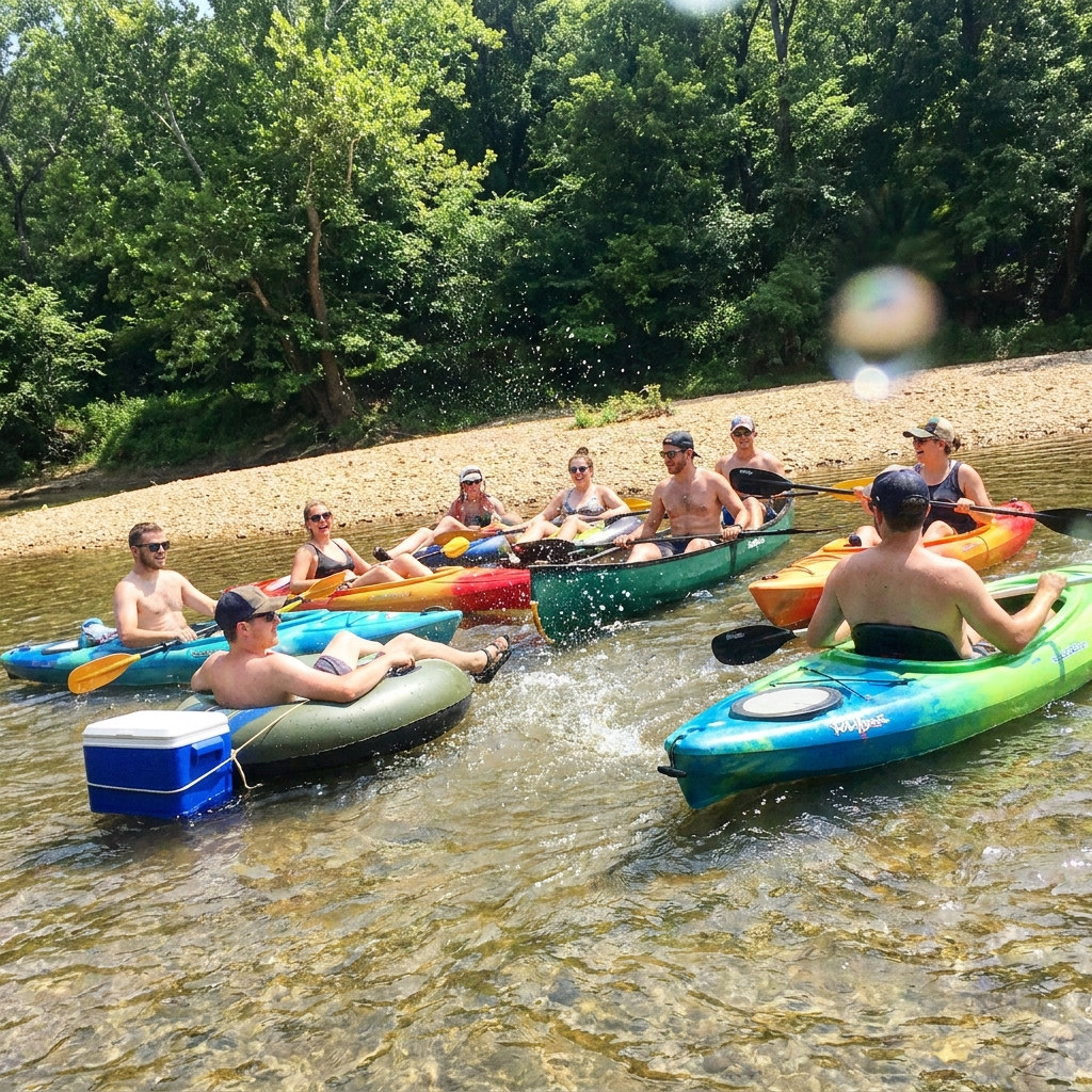 Group of friends paddling kayaks down a shallow river on a summer day