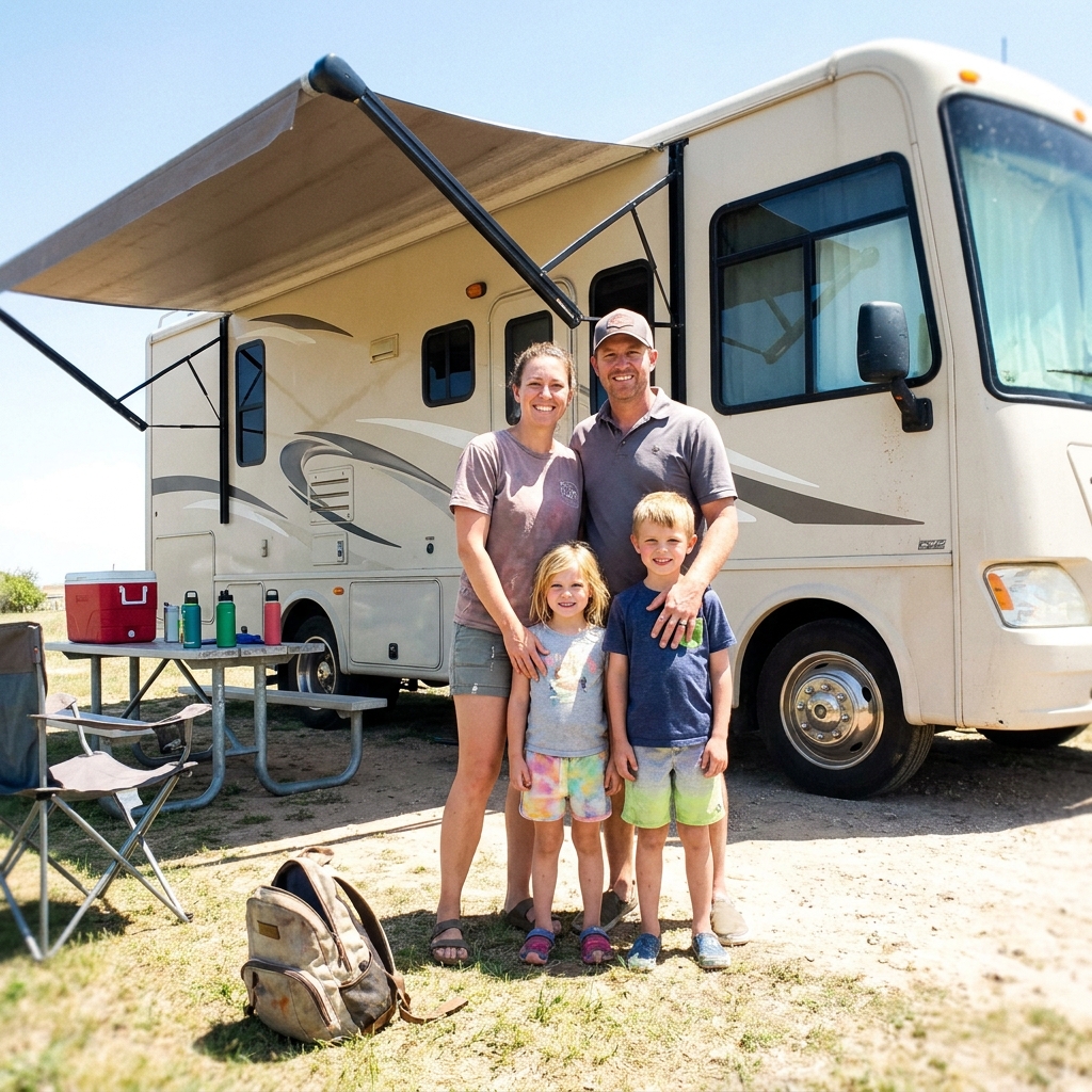 Family of four in front of their motorhome awning