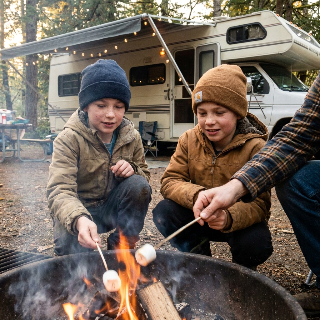 Kids roasting marshmallows over a campfire by an RV