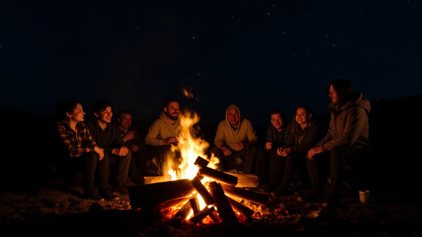 Friends around a campfire under the stars