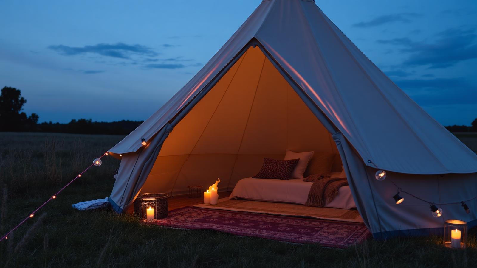 Glamping bell tent lit with string lights at dusk