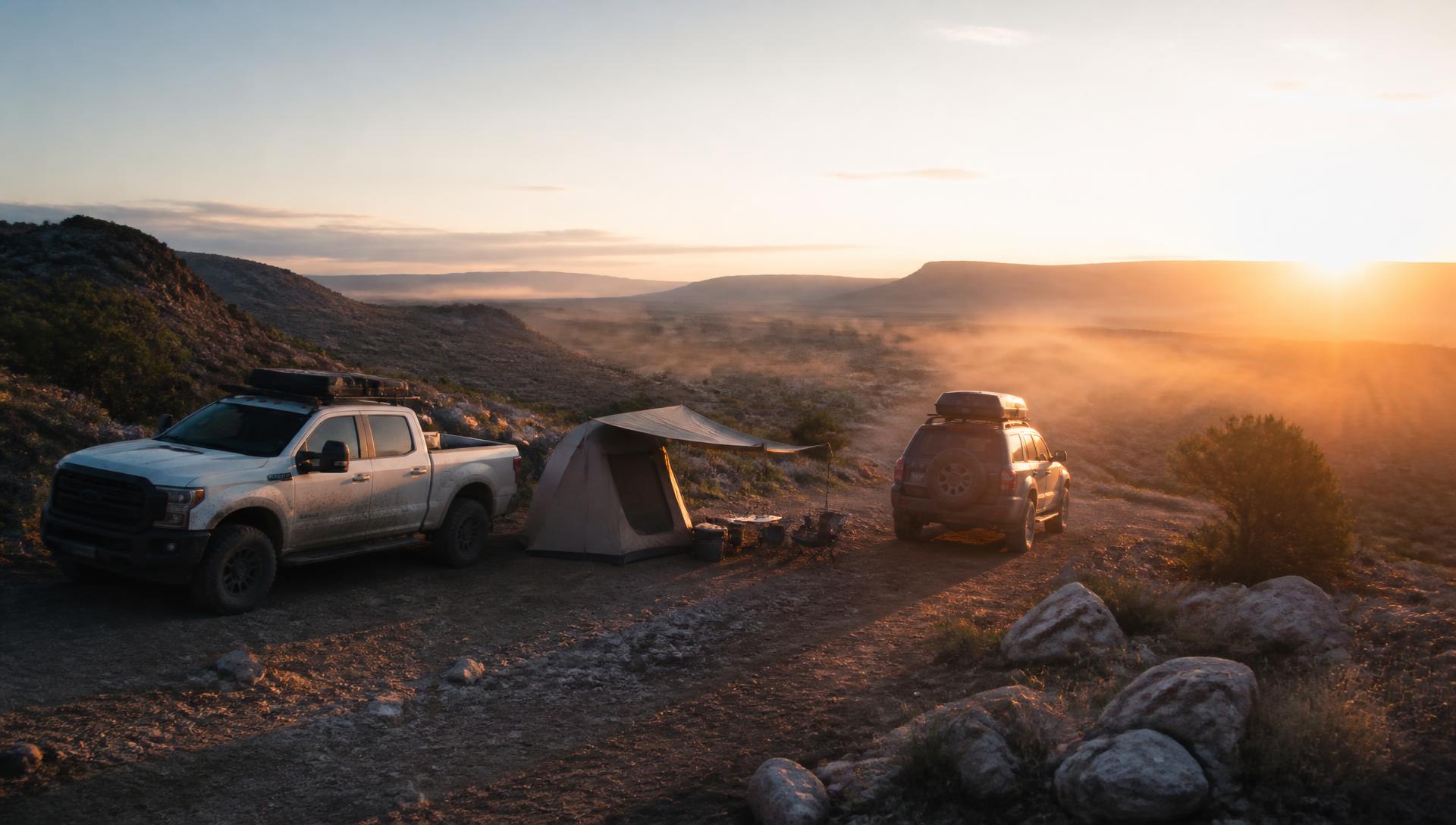 Pickup and SUV camped on a high desert two-track at sunset