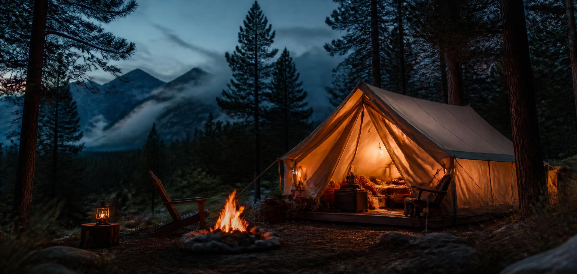 A tent pitched on a clearing at golden hour with forest behind