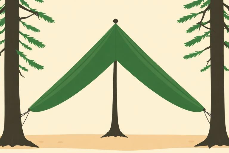 A-frame tarp pitched over a ridgeline between two trees
