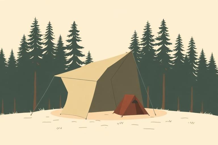 Lean-to tarp with one edge high and one edge staked to the ground