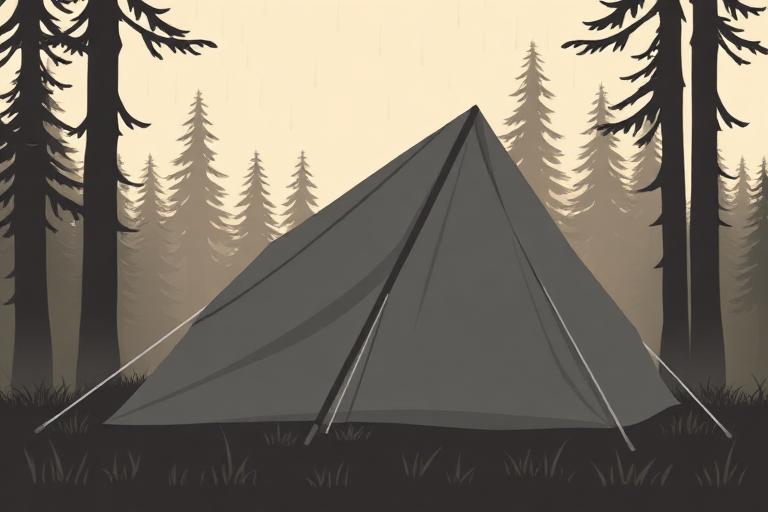 Storm-mode tarp pitched low and pegged tight in rain