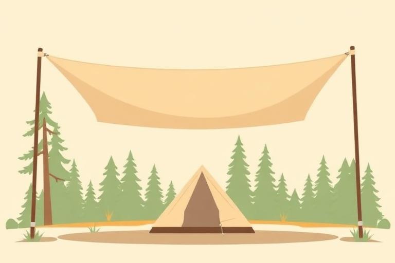 Flat sun shade tarp raised on four poles over a campsite